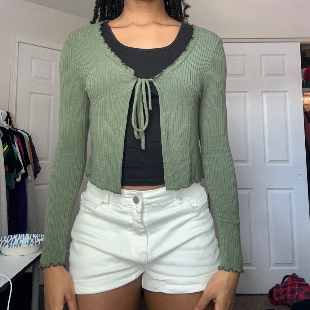 Women's Ribbed Tie-front fitted crop-top cardigan